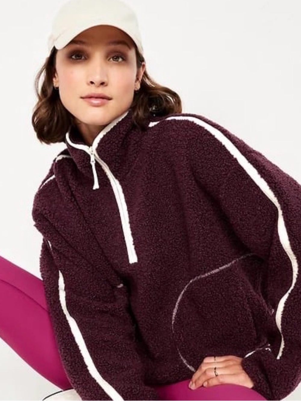 Old Navy Sherpa Plush Quarter-Zip Pullover in Plum with White Trim